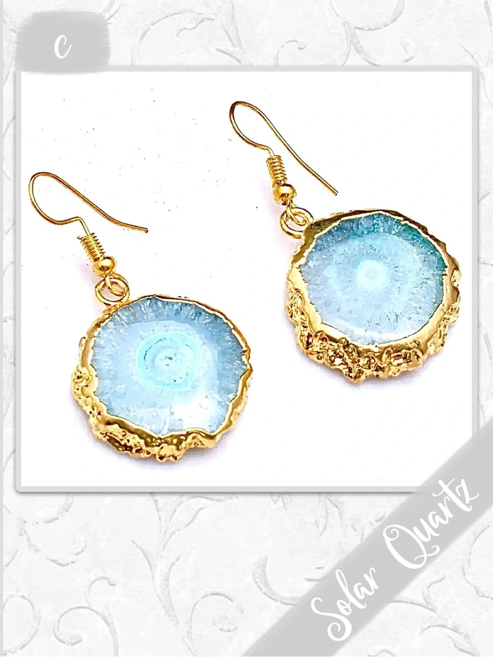Solar Quartz Druzy Eclectic Gold Drop Dangle Artisan Earrings (Aqua, Turquoise)